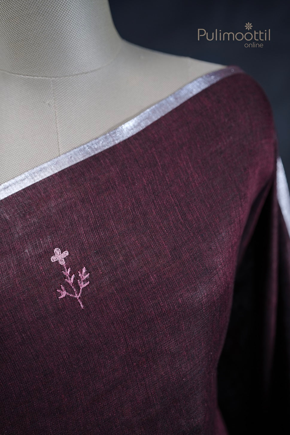 Dark Maroon Colour Linen Embroidery Saree