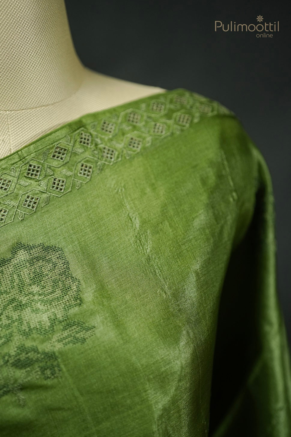 Dusty Green Colour Cross-Stitch Tussar Silk Saree