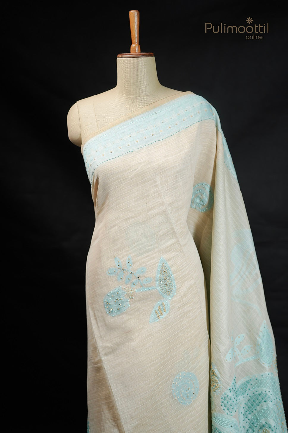 Dark Cream Colour Chanderi Hand Embroidery Saree