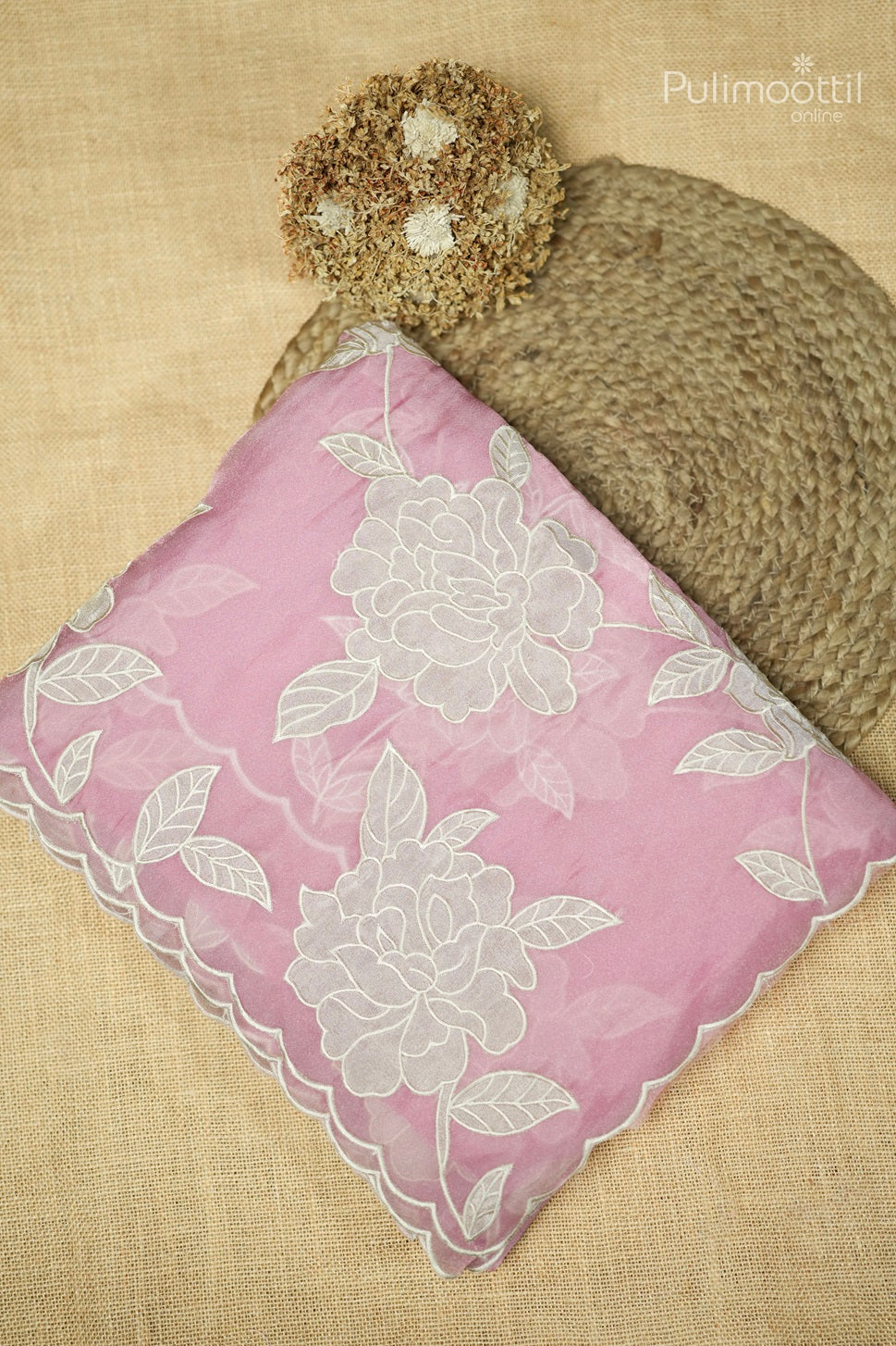 Pastel Pink Colour Appliqué Work Organza Fancy Saree.