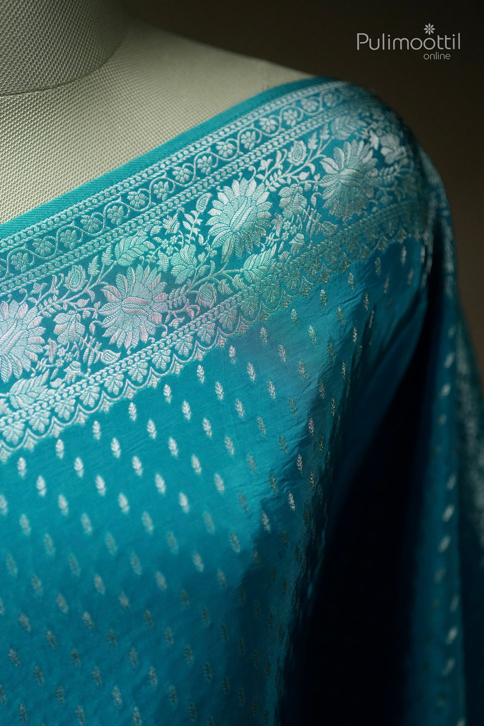 Bright sky blue color Banarasi saree