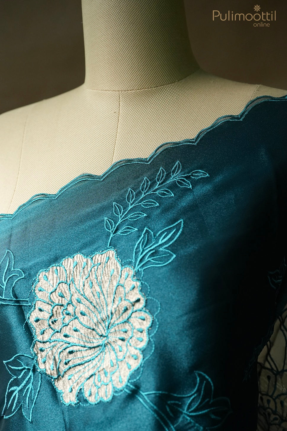 Peacock blue color applique work fancy saree