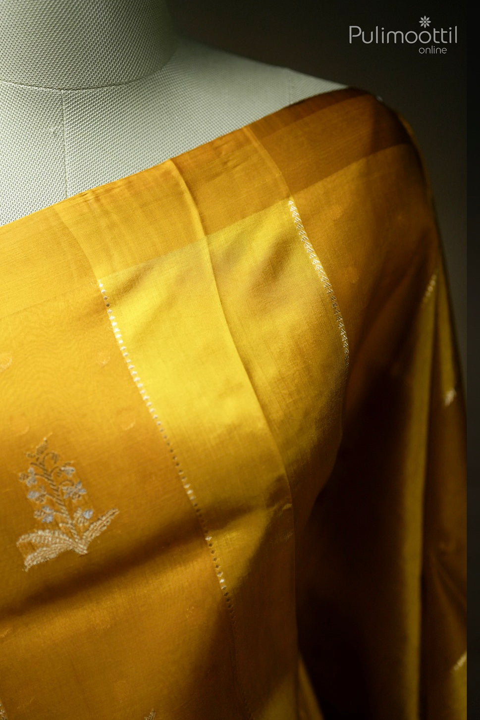 Mustard yellow color mango silk and organza mixed saree