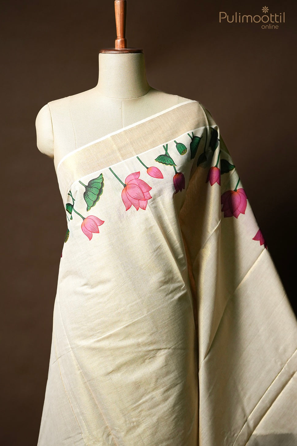 Kerala Traditional Golden Tissue Lotus Printed Set Saree