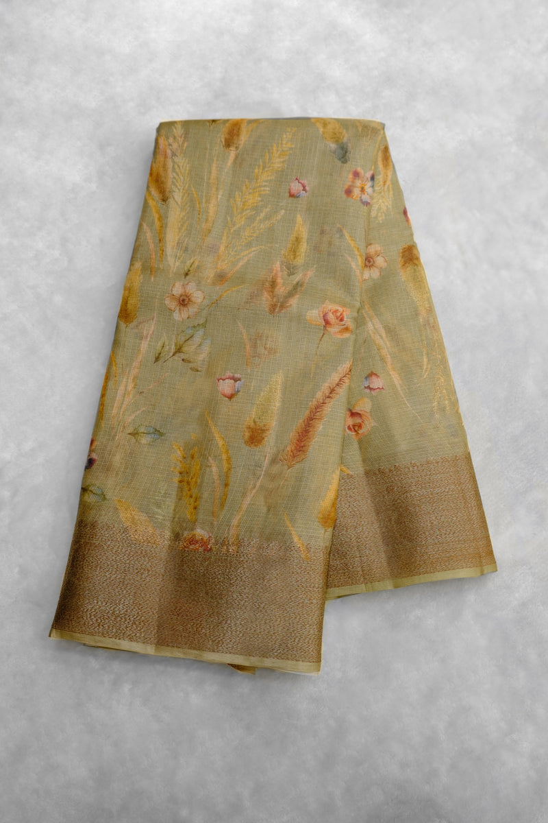 Olive Green Color Tussar Silk Saree