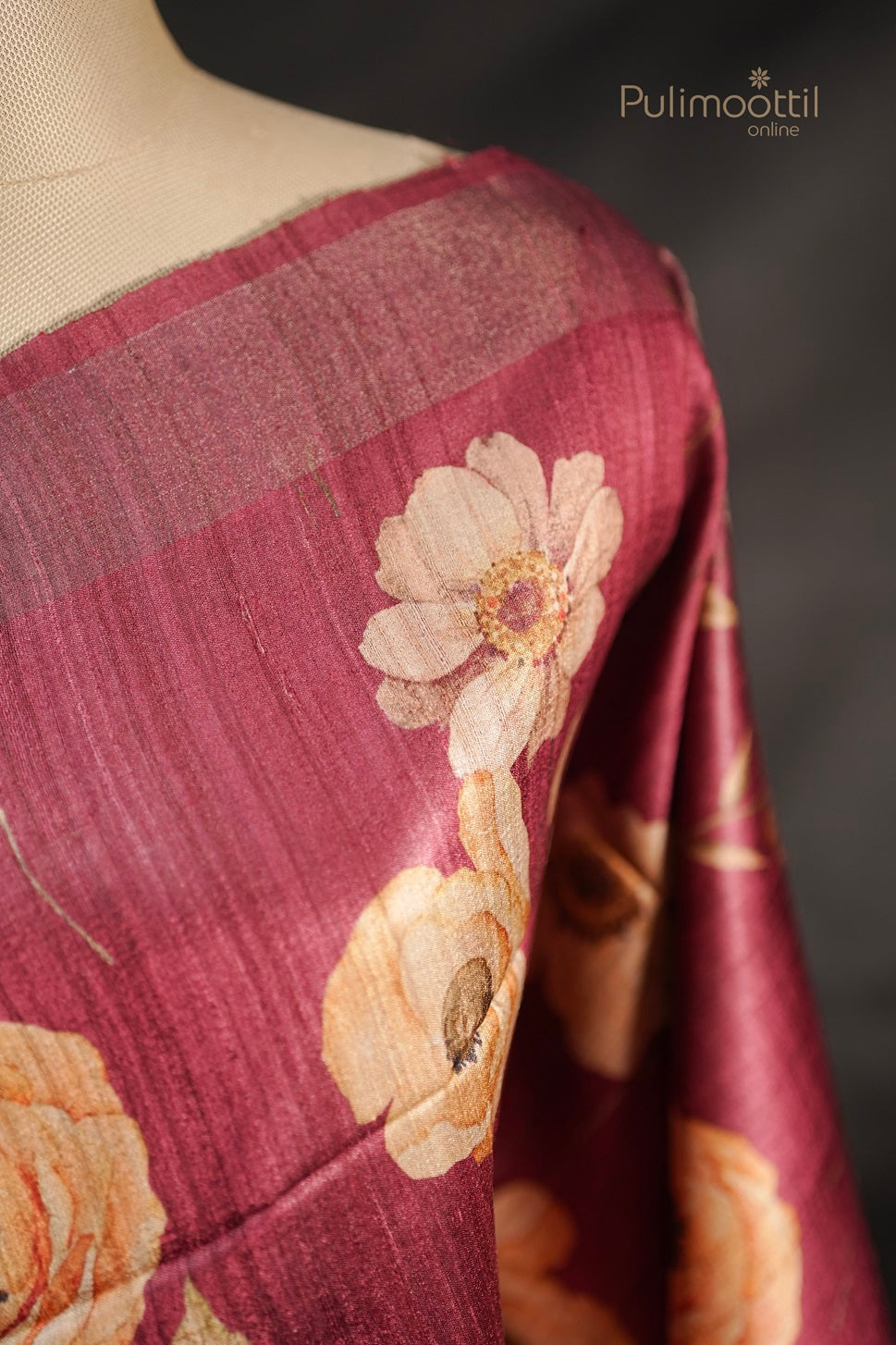 Maroon Colour Printed Tussar Silk Saree.