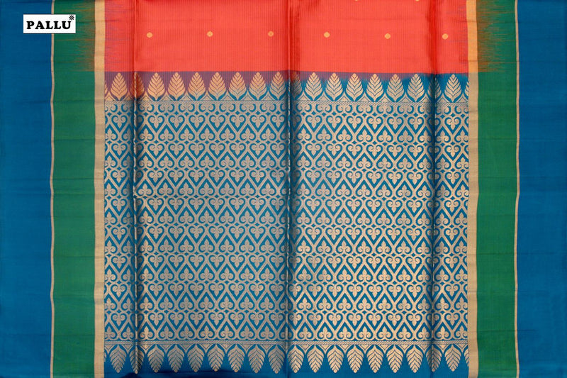 Bright Peach & Dark Blue Colour, Kanchipuram Designer Soft Silk Saree.