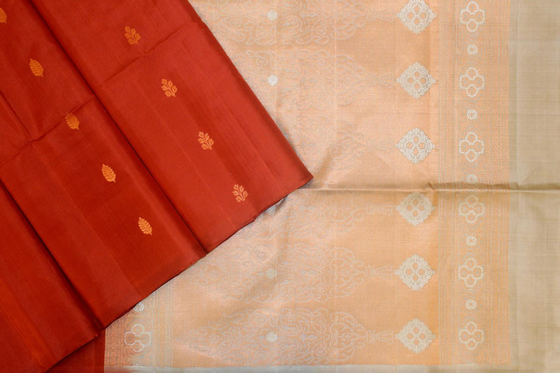 Brick Red Colour, Kanchipuram Designer Soft Silk Saree.