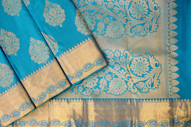 Peacock Blue Vairaoosi Pure 4gm Gold Kanchi Silk Saree